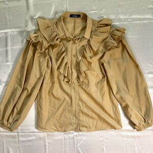 Tan Button-Down Ruffle Blouse SZ M